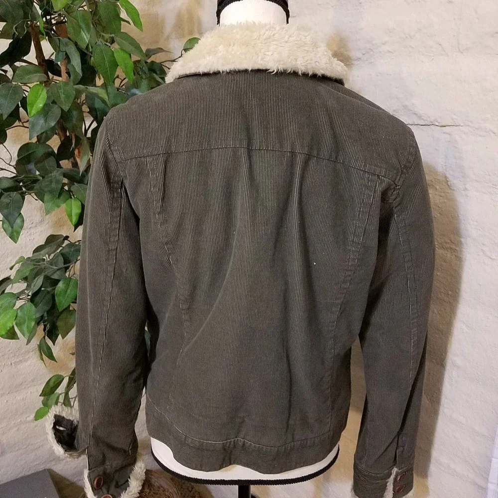 Vintage Roxy Corduroy Coat Juniors Medium Jacket Cotton Fur Green Button Down - Picture 5 of 7